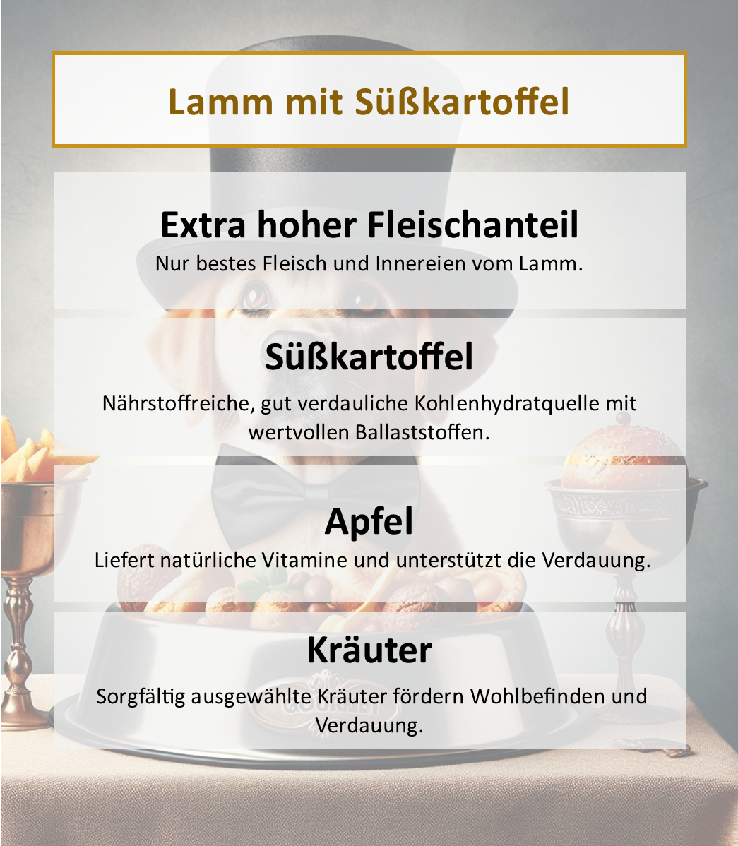 Lamm mit Süßkartoffel, Apfel, Kräuter & Distelöl - Wurst 400g
