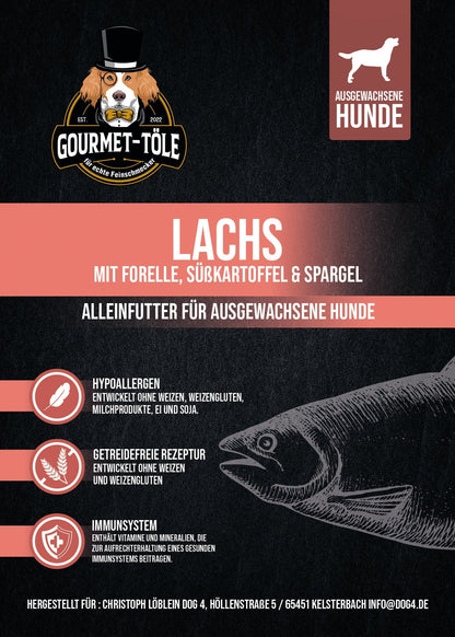 Produktetikett von Gourmet-Töle Lachs mit Forelle Trockenfutter