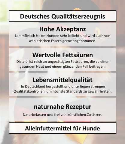 Lamm mit Süßkartoffel, Apfel, Kräuter & Distelöl - Wurst 400g
