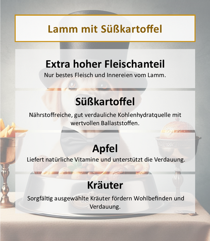 Lamm mit Süßkartoffel, Apfel, Kräuter & Distelöl - Wurst 400g