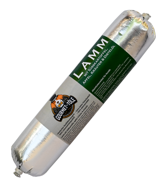 Lamm mit Süßkartoffel, Apfel, Kräuter & Distelöl - Wurst 400g
