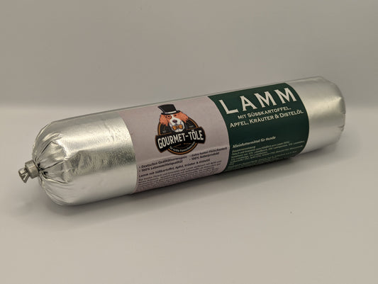 Lamm mit Süßkartoffel, Apfel, Kräuter & Distelöl - Wurst 400g