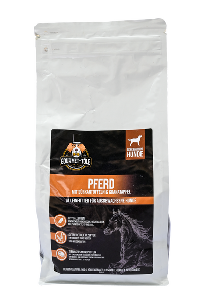 Gourmet-Töle Pferd mit Süßkartoffeln und Granatapfel Trockenfutter – Produktverpackung