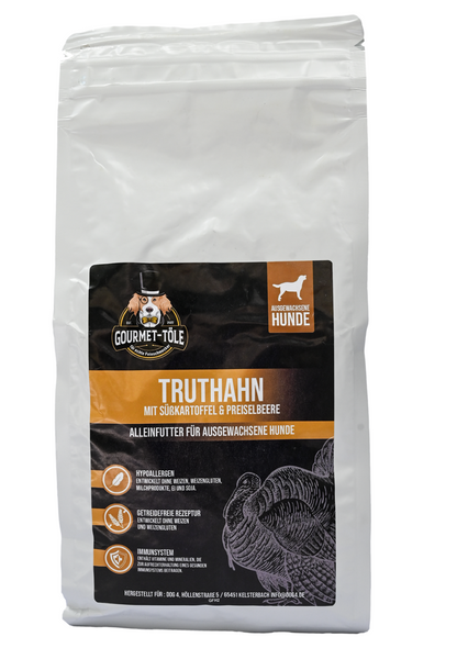 Gourmet-Töle Truthahn mit Süßkartoffel und Preiselbeere Trockenfutter – Produktverpackung