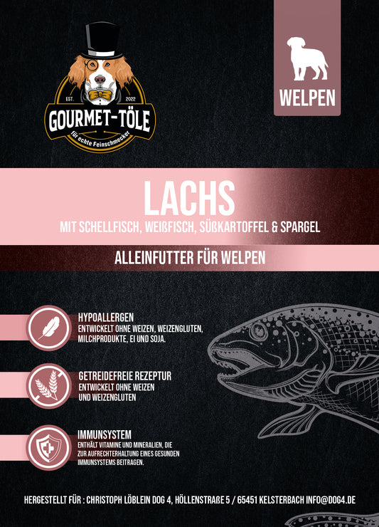 Gourmet-Töle für Welpen - Lachs mit Schellfisch, Weißfisch, Süßkartoffel & Spargel 6kg