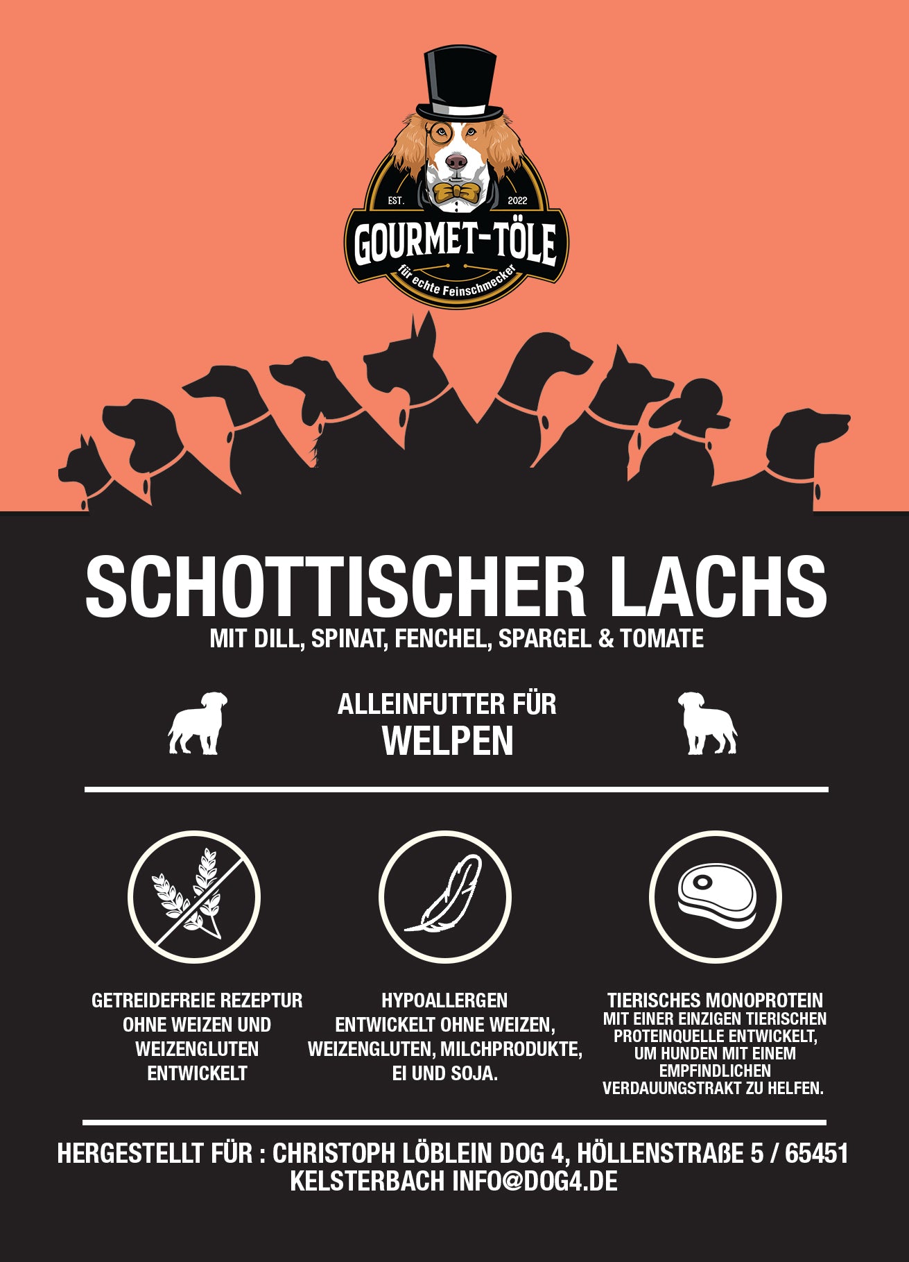 Gourmet-Töle für Welpen - Schottischer Lachs mit Dill, Spinat, Fenchel, Spargel & Tomate 6kg